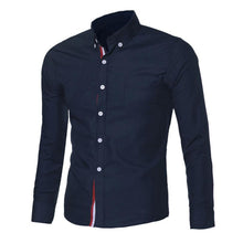 Load image into Gallery viewer, Navy Blue Light White Button Shirt Slim Fit Long Sleeve Men Shirts Famous Brand Social Shirt